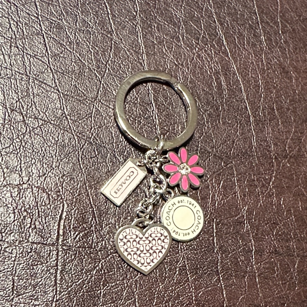 Coach Silver-Tone Keyring with Pink Daisy and Heart Charms